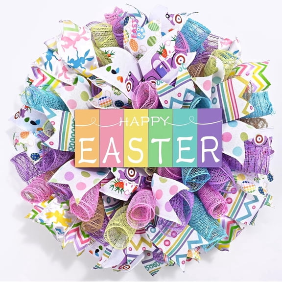 Waipfaru Easter Wreath for Front Door,18" Handmade Spring Mesh Wreath with Happy Easter Sign, Colorful Pastel Easter Door Decor for Home, Porch,Entryway