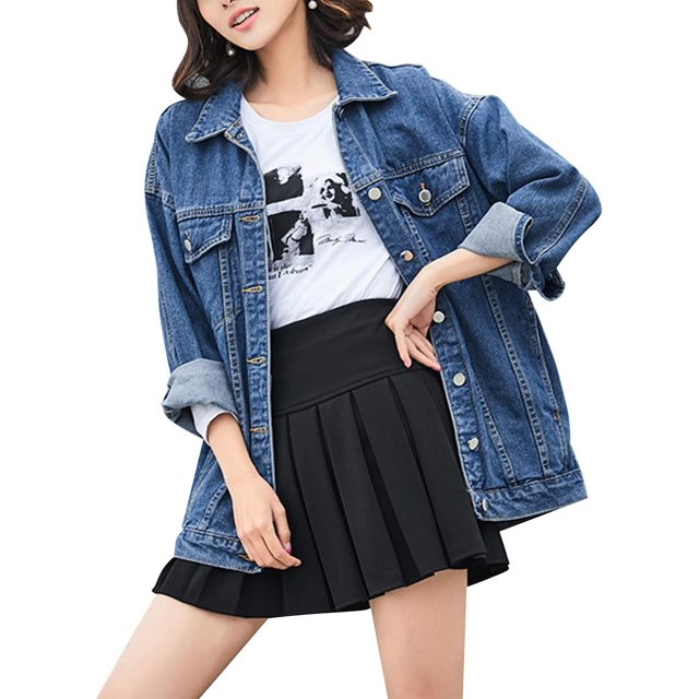 GHSDFBB Women's Oversized Mid Long Denim Jacket Jean Biker Coat