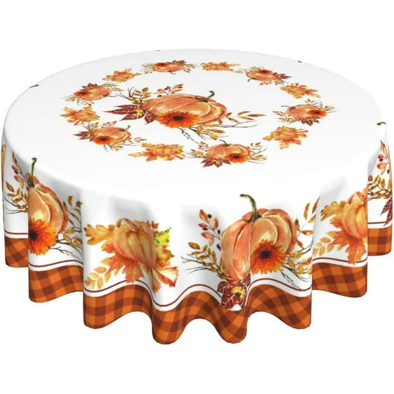 Fall Harvest Tablecloth, Autumn Pumpkin Tablecloth, Thanksgiving Day Tablecloth Seasonal Dining-Table Cover, 60 inch Round for Home Party Picnic Orange