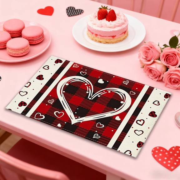 Festive Valentine's Day Dining Placemats - Colorful Heart Pattern Table Decor - Soft Polyester Fabric Mats for Romantic Dinner Settings