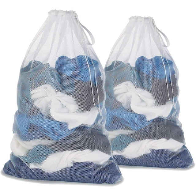 Bolsa de lavandería de malla con cordón para ropa delicada, lavadora, viajes, universidad, ropa sucia, resistente, reutilizable, plegable, blanco, paquete de 2