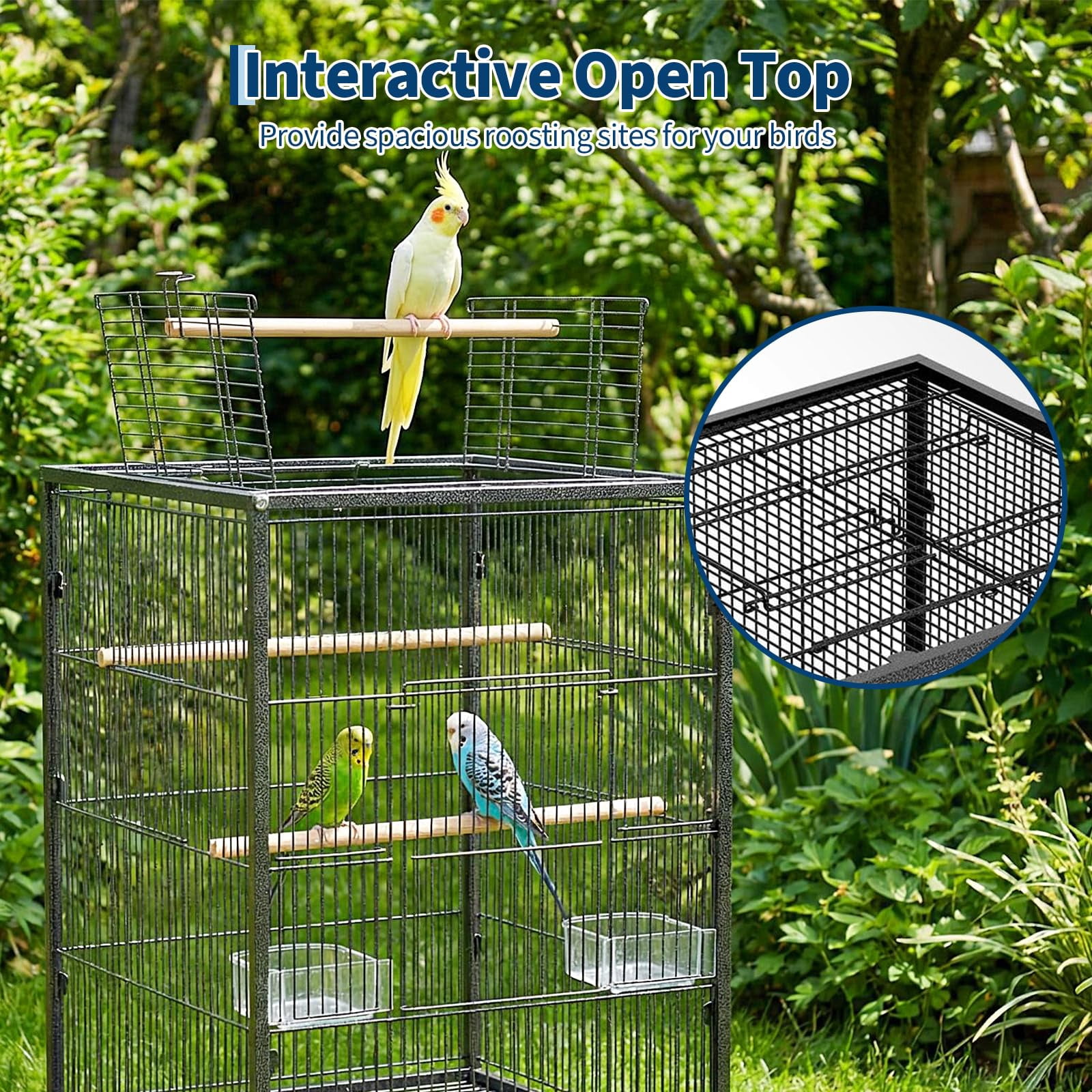 Heavy Duty Metal Bird Cage with Play Open Top – 38'' Tall Flight Cage for Parakeets, Cockatiels, Canaries, Lovebirds, Conures, Budgies, Small Parrots – Easy Assembly & Cleaning – With Rolling Stand