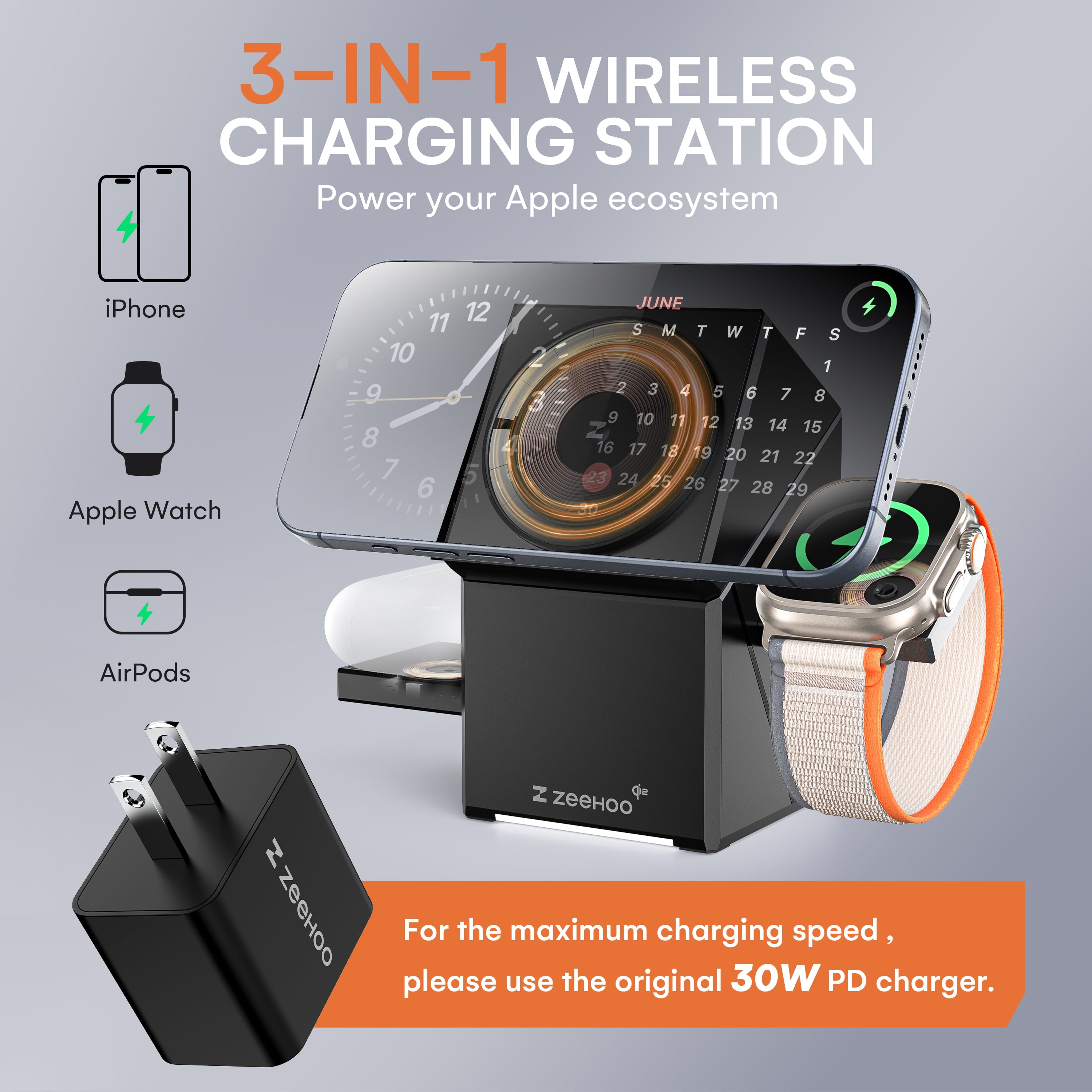 ZEEHOO 3-in-1 Qi2 Certified Wireless Charging Station for iPhone, Apple Watch & AirPods, 15W Fast Charger, with 30w Adapter, Black