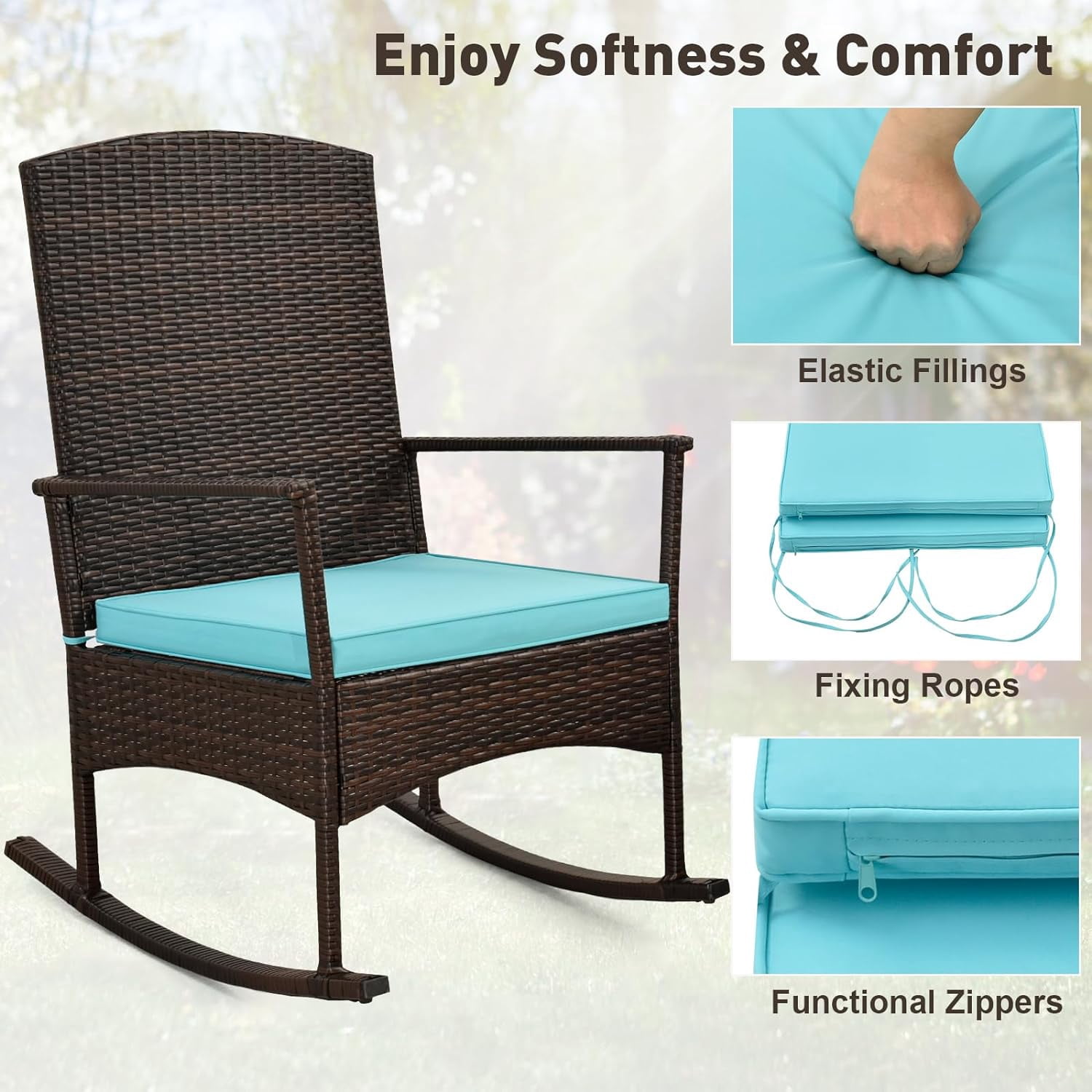 3 Pcs Outdoor Patio Wicker Bistro Furniture Set Rocking Chairs Sets w/ 2 Cushion, Glass Coffee Table, Turquoise