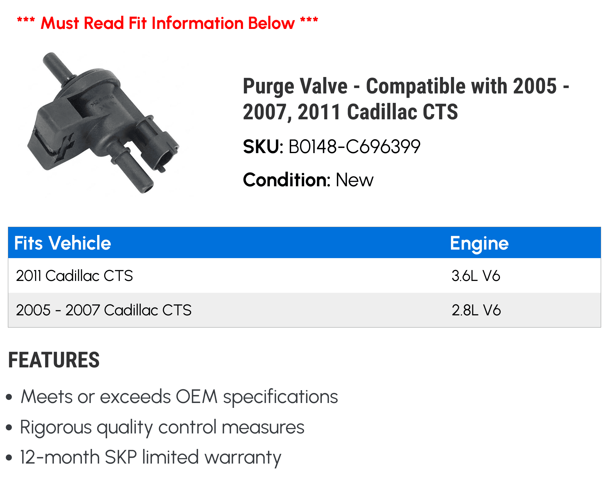 Purge Valve - Compatible with 2005 - 2007, 2011 Cadillac CTS 2006