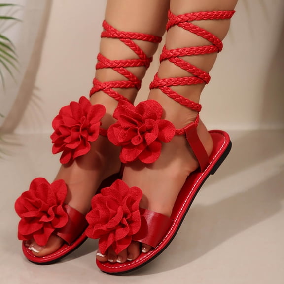 Xucatan Women's Floral Embroidered Up Flat Sandals, Summer Bohemian Flower Ankle Wrap Beach Shoes, Lightweight Flexible Design for Outdoor Vacation Festivals Gift