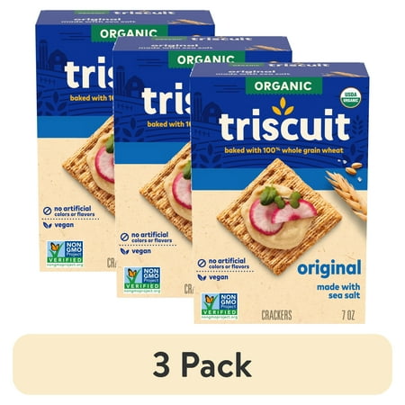 (3 pack) Triscuit Organic Original Whole Grain Wheat Crackers, Organic Crackers, Vegan Snacks, 7 oz