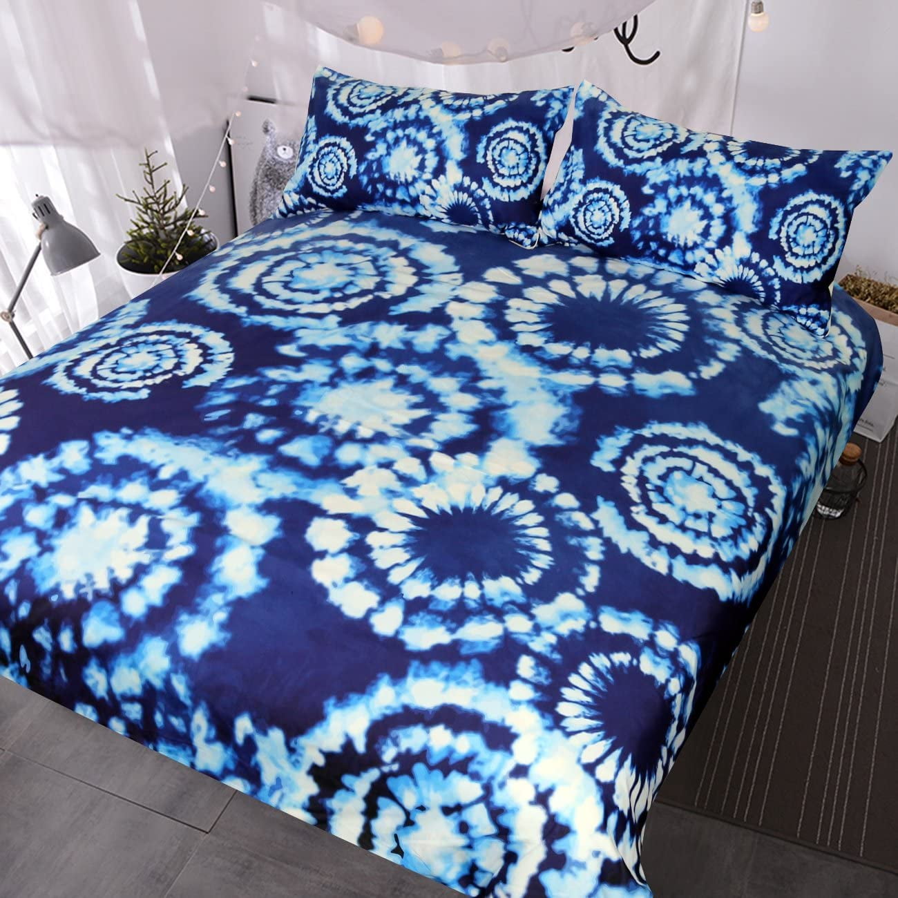 3 Pcs Blue Tie Dye Bedding Boho Indigo Tie Die Bedspreads Chic Blue And White Tie Dyed Duvet