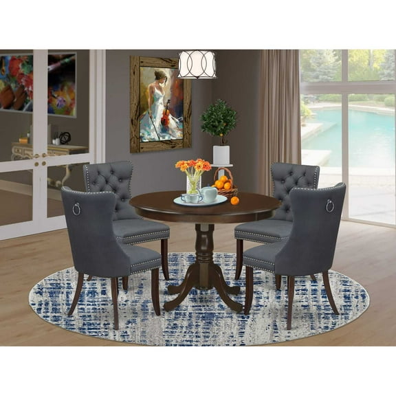5 Piece Kitchen Table Set with Round Pedestal Table & 4 Parsons Chairs - Mahogany Dining Room Set