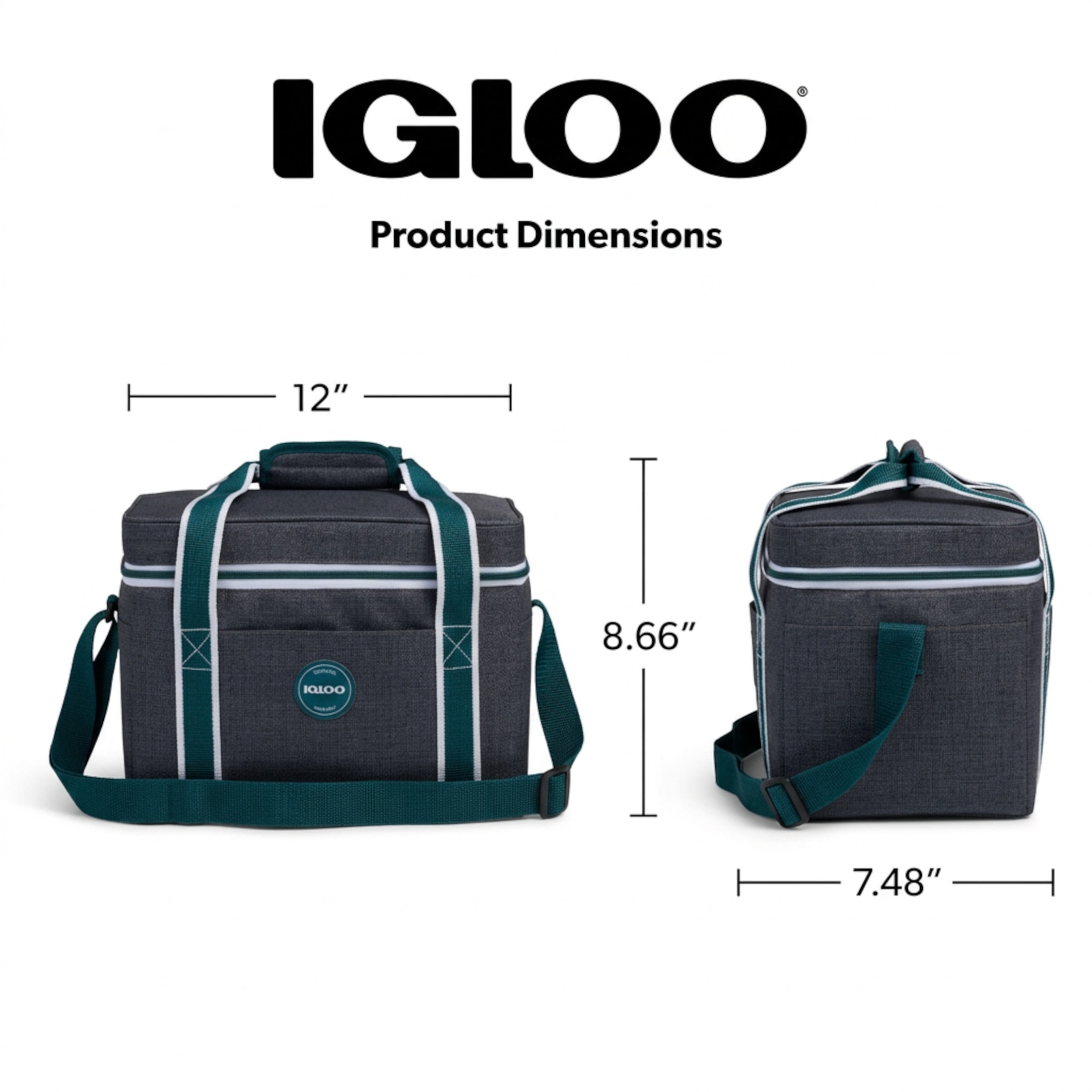 Igloo Heritage Soft-Sided Lunch Cooler Bag, 12 Can Capacity, Gray and Teal, Insulated Soft Cooler Keeps Food and Drink Cold Wherever You Are