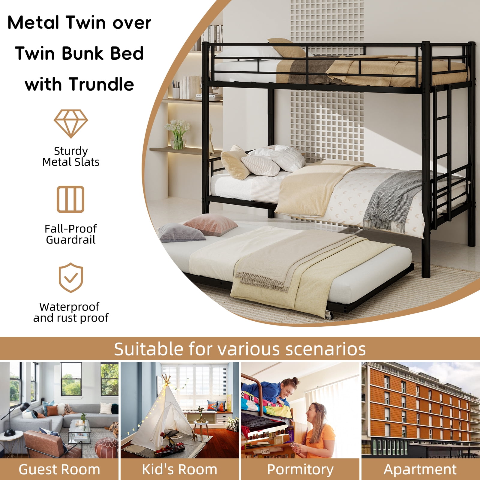 Alvantor Twin Bunk Bed with Trundle for Kids and Teens, Heavy Duty Metal Bed Frame, Triple Bunk Bed with Safety Rail Side Black