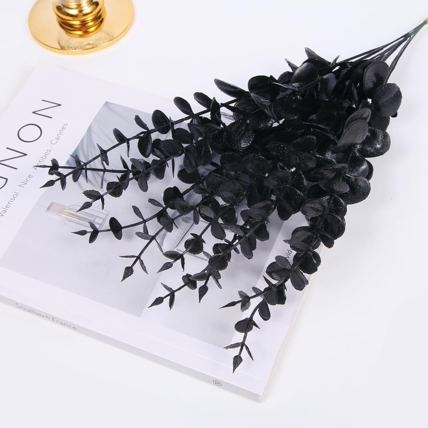 30 PCS Black Artificial Eucalyptus Stems Faux Flowers Fake Eucalyptus Leaves for Home Halloween Table Farmhouse Décor, 1 Branch