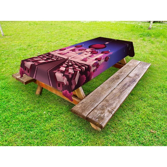 Fantasy Outdoor Tablecloth, Arabian Castle at Night Oriental Fairy Tale Palace Landscape Illustration, Decorative Washable Fabric Picnic Tablecloth, 58 X 104 Inches, Indigo Magenta Pink, by Ambesonne