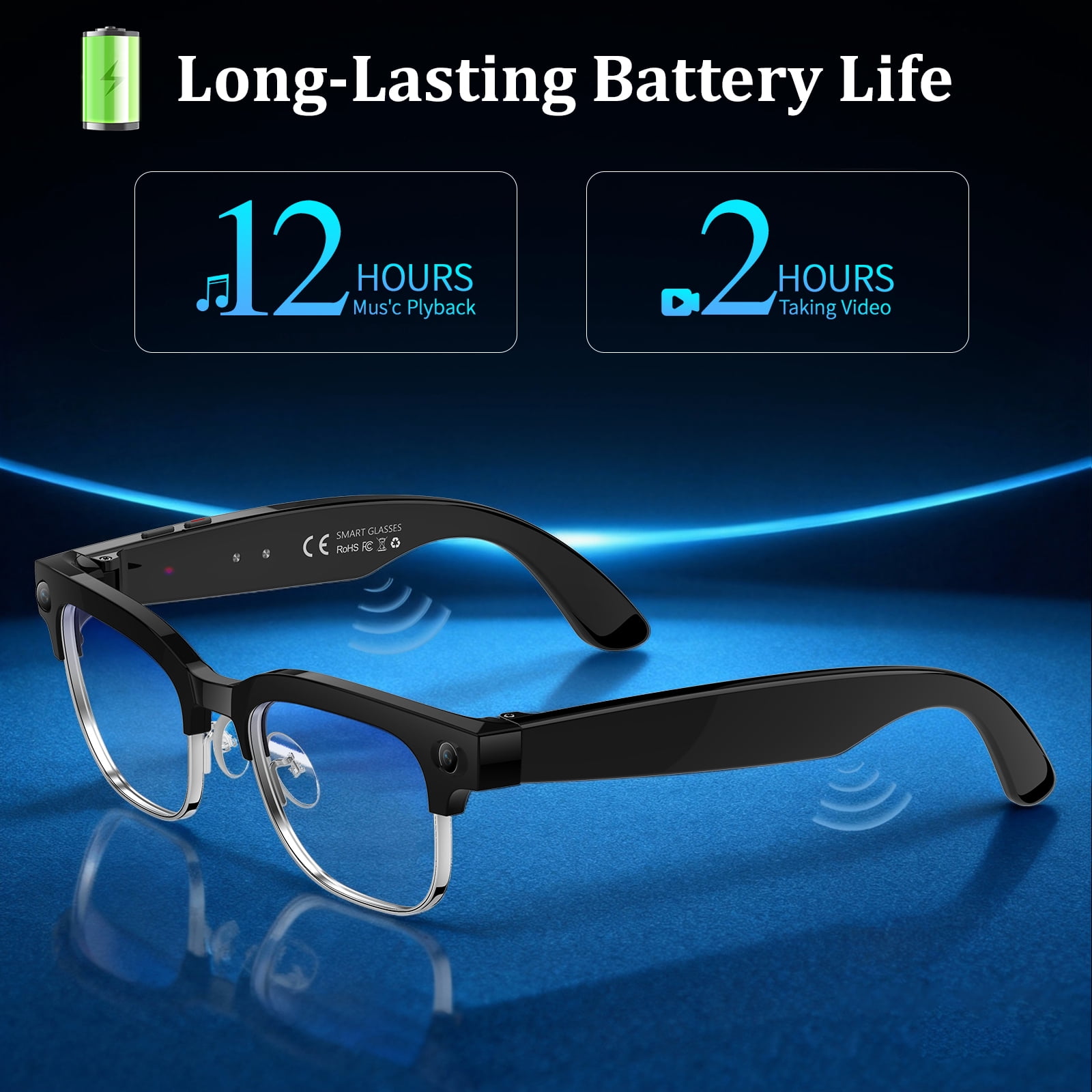 AI Smart Glasses with 8MP Camera, 4K Video & HD Photo, Bluetooth Audio, AI Voice Assistant, Real-Time Translation, Object Recognition, Noise-Cancel Calls, Music, Photochromic Lenses