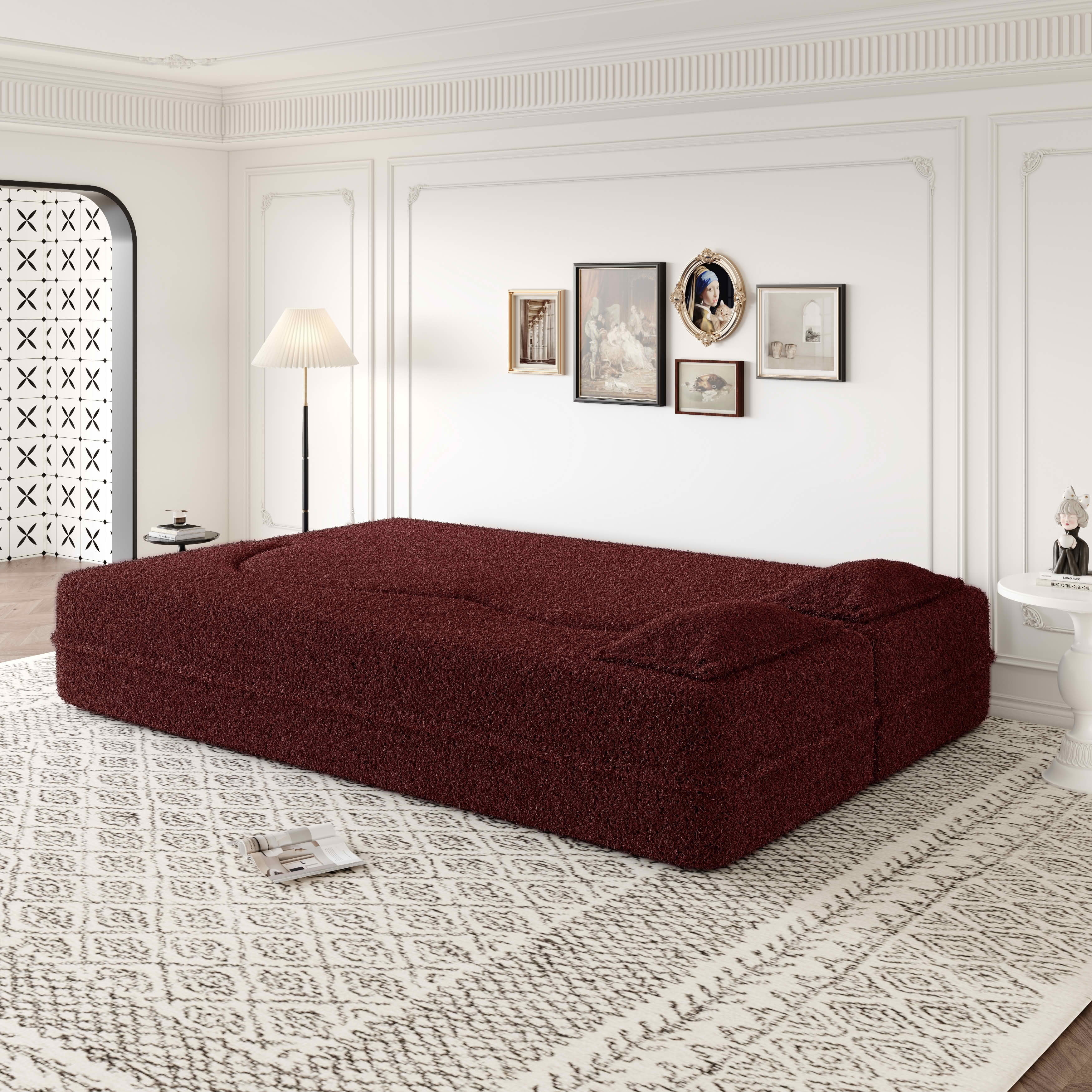 MAYEERTY Sherpa Floor Sofa Bed, Full Size Foldable Foam Sleeper Mattress with 2 Pillows, Zero Assembly Space Saving Guest Bed
