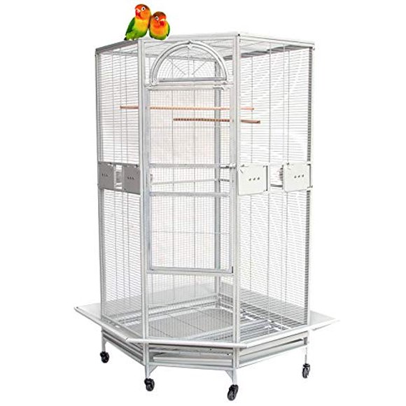 Large Corner Flight Bird Cage for Cockatiel Aviary Canary Parakeet Budgies Parrot with Metal Seed Skirts (White Vein)