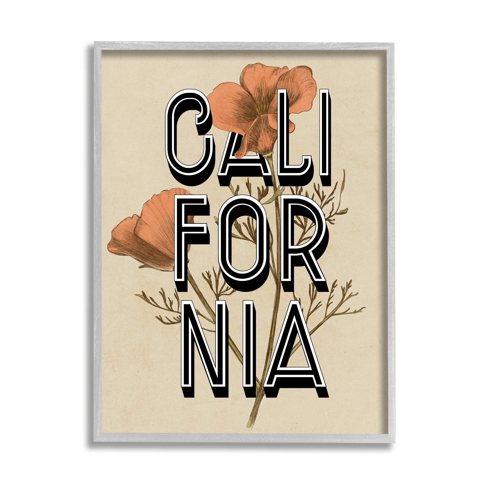 Stupell Industries California State Floral Typography Poppy Sprig Blossom Graphic Art Gray Framed Art Print Wall Art, Design by Daphne Polselli