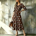 thumbnail image 4 of Dolkfu Keyhole Neck Women'S Fall Winter Dresses Waist Cinched Brown 3/4 Sleeve Long-Length Fit & Flare Dresses Vacation Polka Dot Relaxed Fit Brown,L, 4 of 5