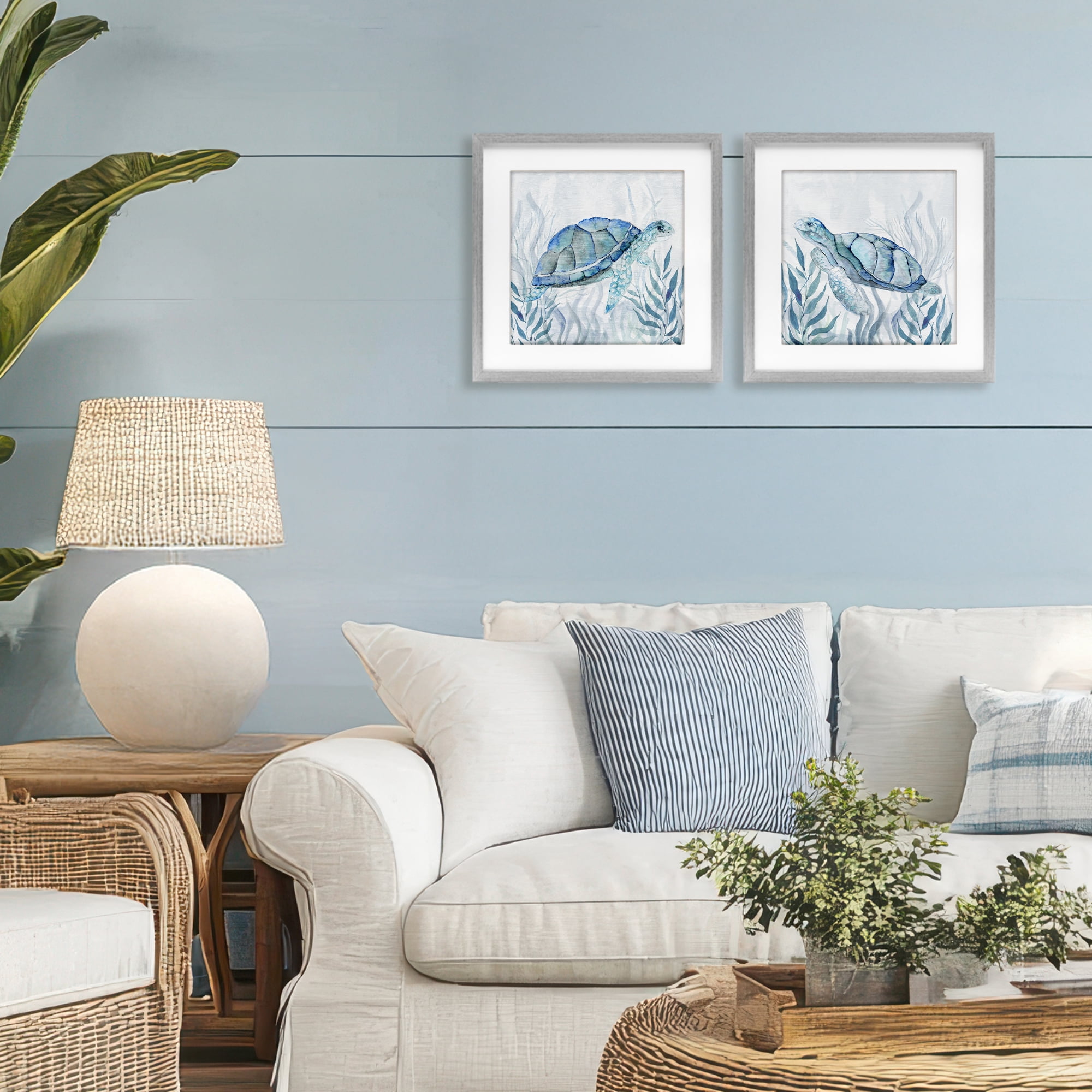 Stupell Industries Subtle Smiling Sea Turtles 2 Piece Gray Framed Print Under Glass Set, design by Janet Tava