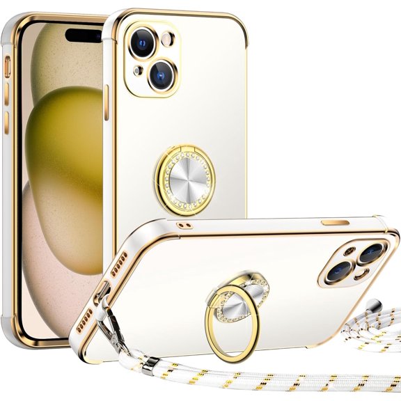 ZUKKASHAN for iPhone 15 Case with Ring Holder Stand, Electroplated Luxury Phone Case with Lanyard Women Girls, Soft TPU Protective Shockproof Cover for iPhone 15