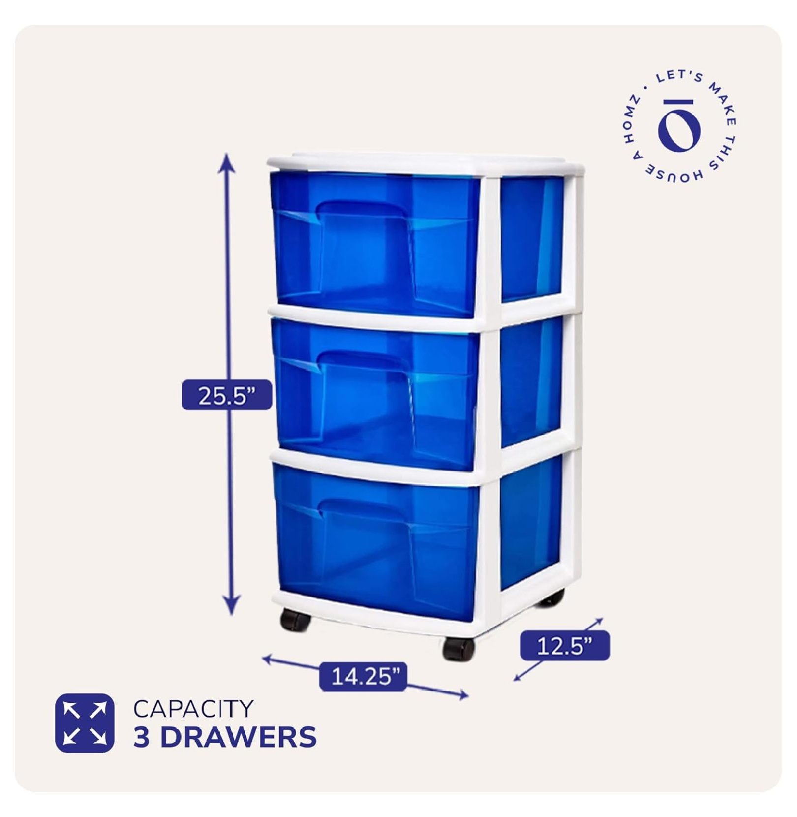 3-Drawer Storage Cart, Plastic Home & Office Organizer, Blue w/ White Frame White Frame/Blue Drawers