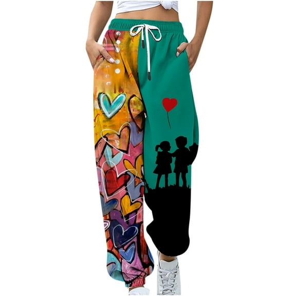 AOOCHASLIY 2023 Women's Pants Womens Fashion Casual Valentine's Day Printing Pocket Elastic Waist Trousers Long Straight Pants Sweatpants