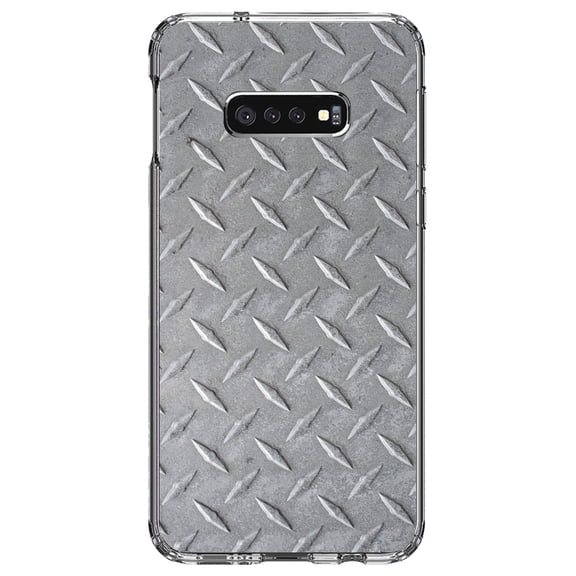 DistinctInk Clear Shockproof Hybrid Case for Samsung Galaxy S10e (5.8" Screen) - TPU Bumper, Acrylic Back, Tempered Glass Screen Protector - Grey Diamond Plate Steel Image - Printed Diamond Plate