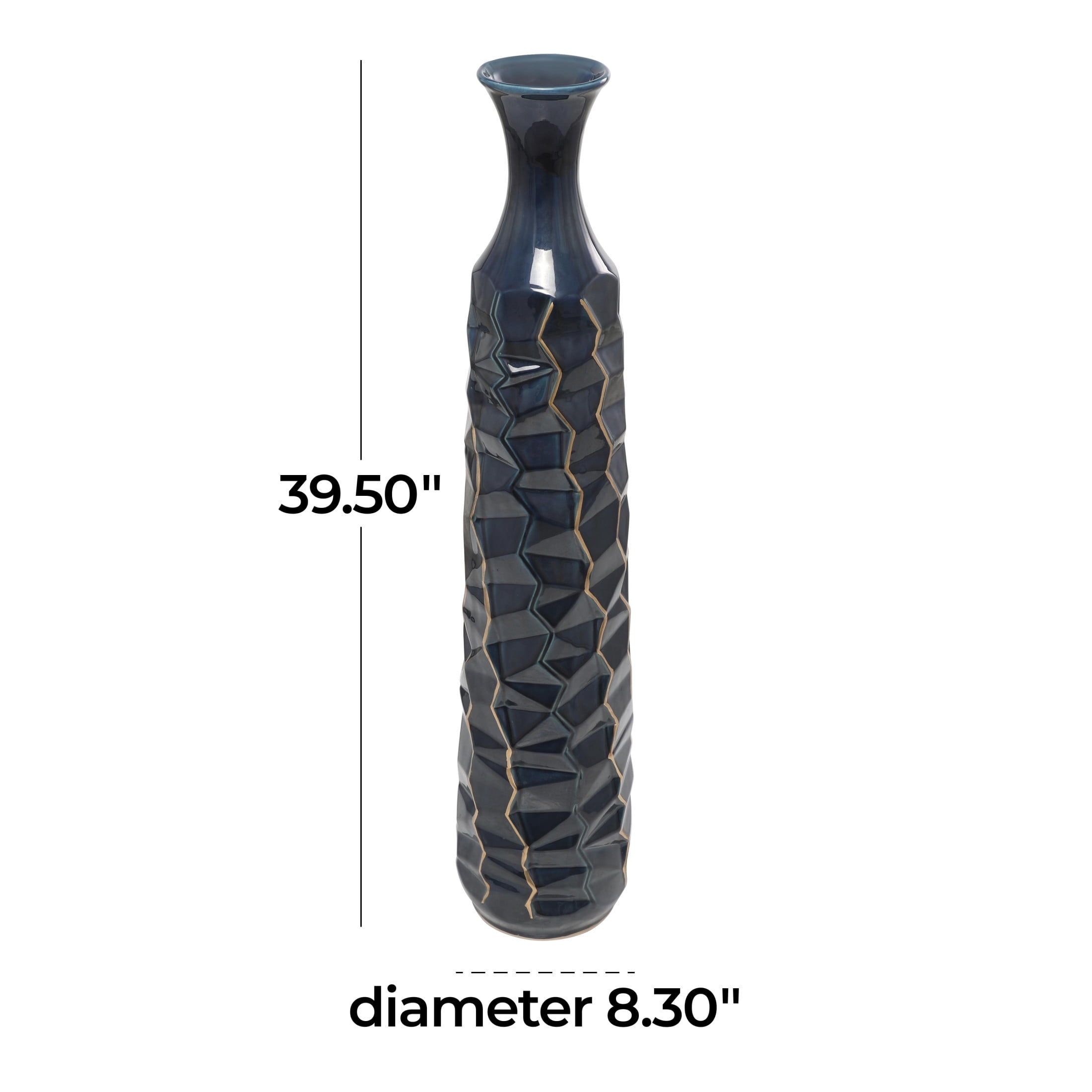 DecMode 40" Geometric Tall Floor Teal Ceramic Vase with Gold Accents