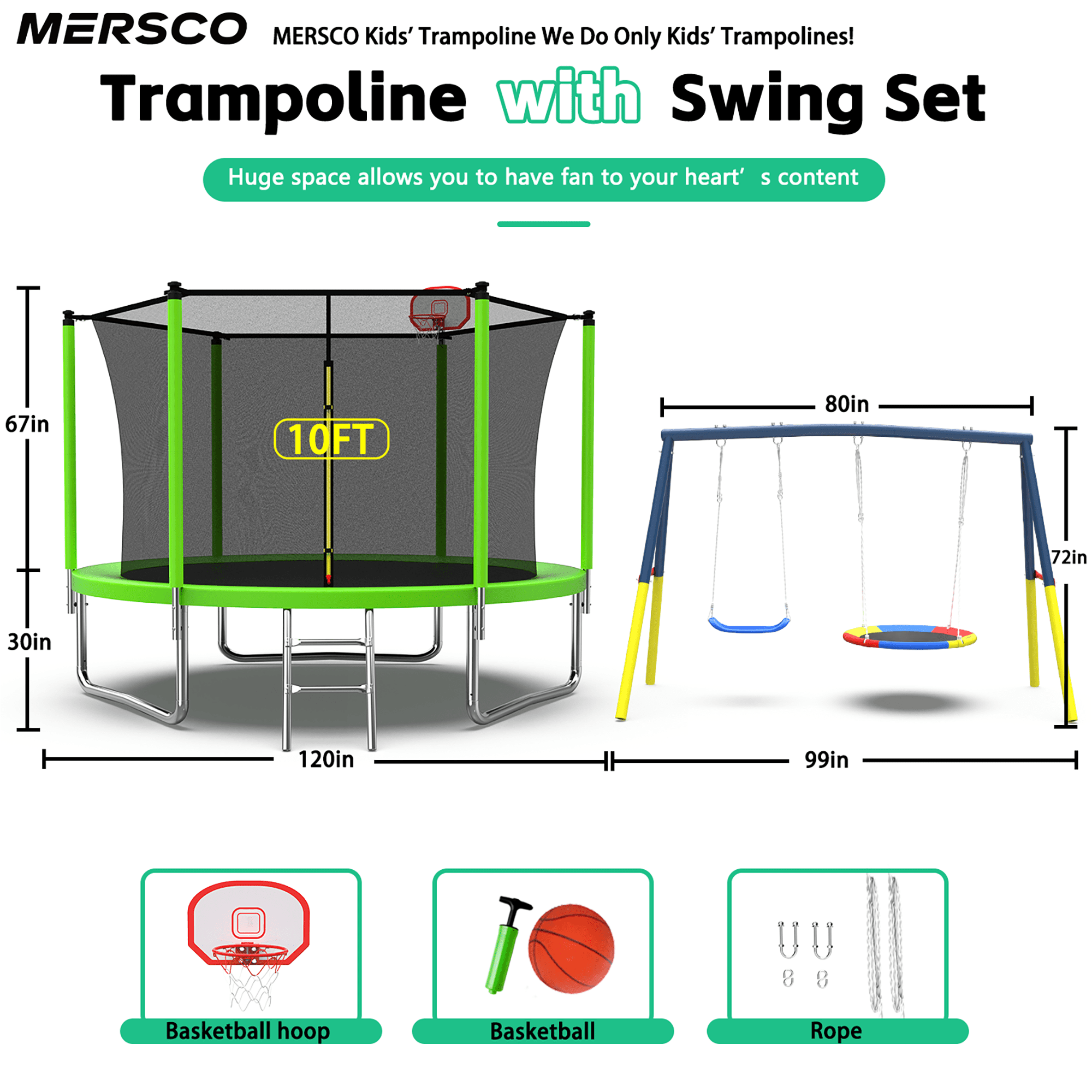 Mersco 10FT Heavy Duty Trampoline with Enclosure Net , Swing Set Outdoor Big Trampoline for Backyard, Kids Trampoline with Basketball Hoop, Birthday and Holiday Gifts for Kids,Green