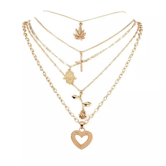 HOOUN Women Chain Necklace Gold Heart Cross Pendant Rose Fashion 5 Layers Jewellery