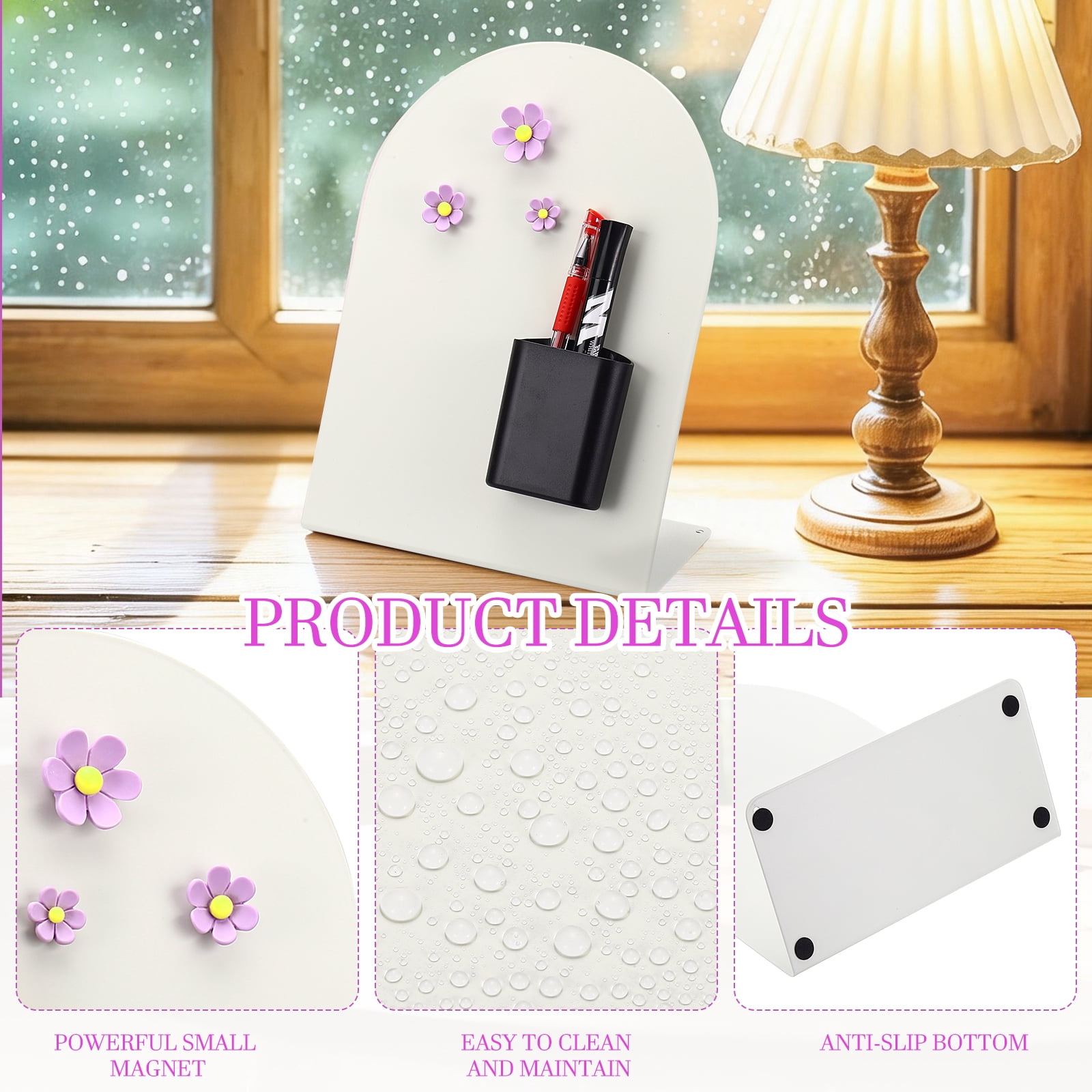 Uxcell 2 Pcs Magnetic Bulletin Board, Memo Magnet Display Stand Board with 6 Flower Magnets & Pen Holder for Home Office, White/Purple/Black