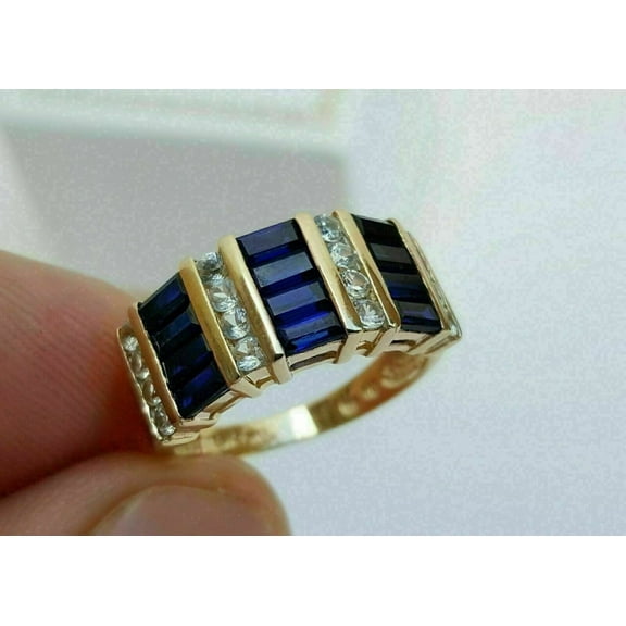 Aishvi Jewels 3Ct Baguette Cut Lab Created Blue Sapphire Mens Wedding Band Ring 14k Yellow Gold Plated Silver