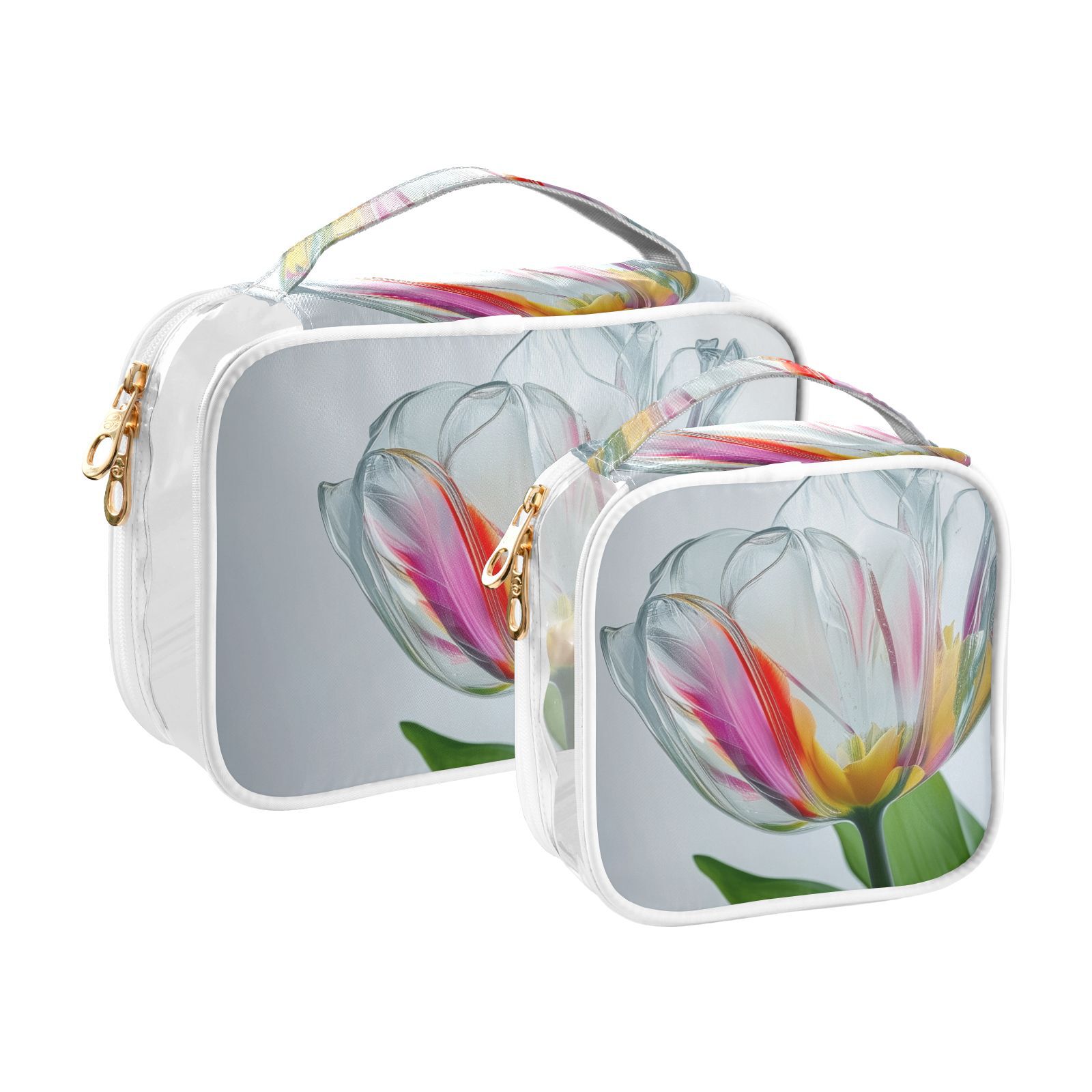Clear Makeup Bags with Handle Large Opening 2 Pack Set Toiletry Bag Quart Size Bag, for Women Man Traveling Travel Essentials, Toiletries and Other. Transparent Tulipa