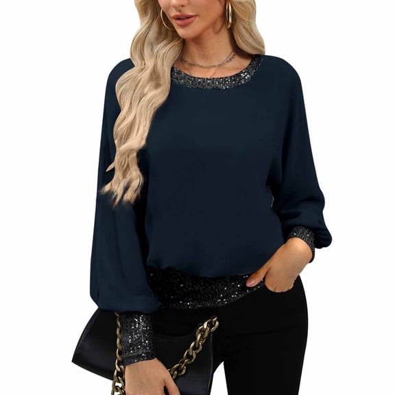 Huankd Women's Dressy Sequin Formal Top Long Sleeve Chiffon Shirt Blouses Navy S