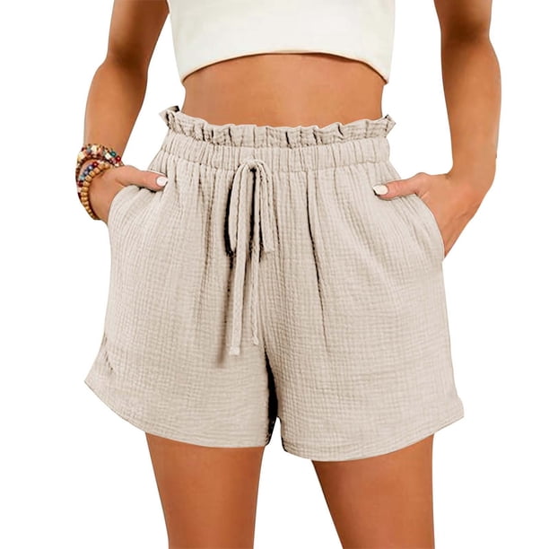 MKLEKYY Pantalones Cortos de Playa Holgados con Bolsillo y Cintura Alta de Color Liso para Mujer, Moda de Primavera y Verano