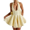 thumbnail image 2 of Women Deep V Sleeveless Halter Neck Bow-Knot Evening Cocktail Long Dress Yellow S, 2 of 7