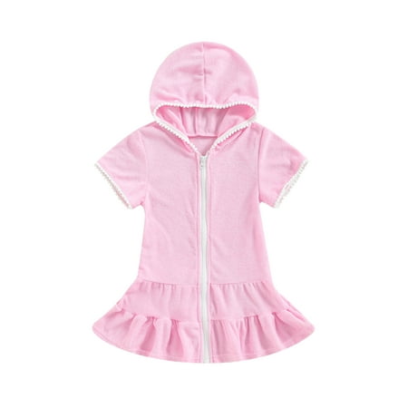 

Qtinghua Little Girls Beach Cover Up Bathrobe Dress Hooded Zipper Beach Dress Shower Bath Wrap Body Towel Dress