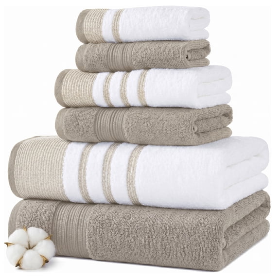 Modern Threads Reinhart 6-Piece Quick Dry Striped, Cotton Bath Towel Set, Tan Beige