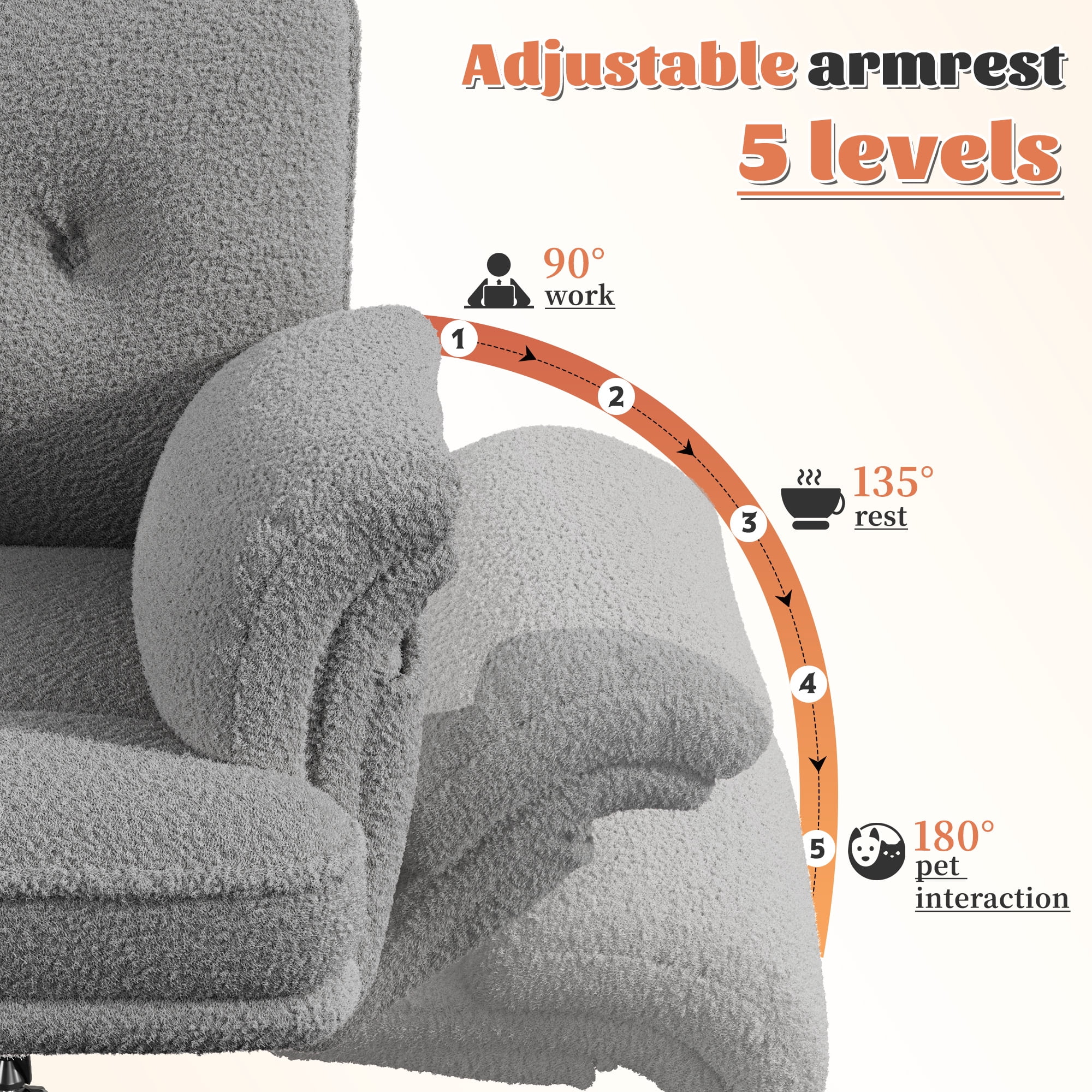 Romorgniz Criss Cross Chair with Armrests & Wheels Ergonomic Computer Gaming Chair with Two Side Pockets Teddy Plush Wide Seat Reclining Desk Chair for Home Office, Gray