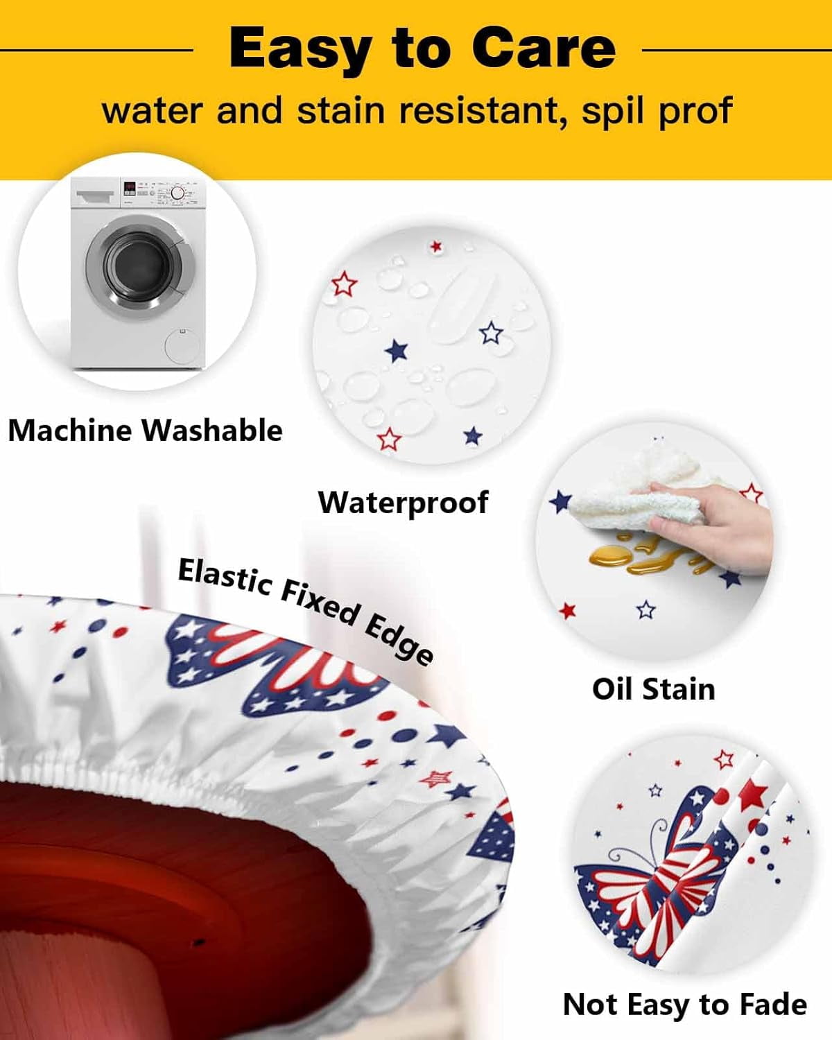 Independence Day Round Tablecloth Fitted Table Cover, Elastic Tablecloths Waterproof Outdoor Indoor Stretch Cloth Tablecover for Dinner, Party, Shower, Stripes Stars Red Blue Watercolor 36-44IN