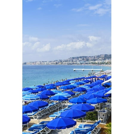 Blue parasols on the beach, Promenade des Anglais, Nice, Alpes Maritimes, Cote d'Azur, Provence, Fr Print Wall Art By Fraser