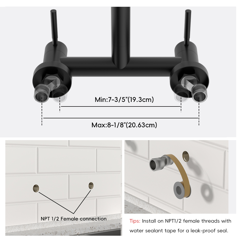 Wall Mount Kitchen Faucet 2 Handles, 8 Inch Center Wall Commercial Utility Sink Faucet with Pull Out Sprayer 2 Modes, Stainless Steel, Matte Black
