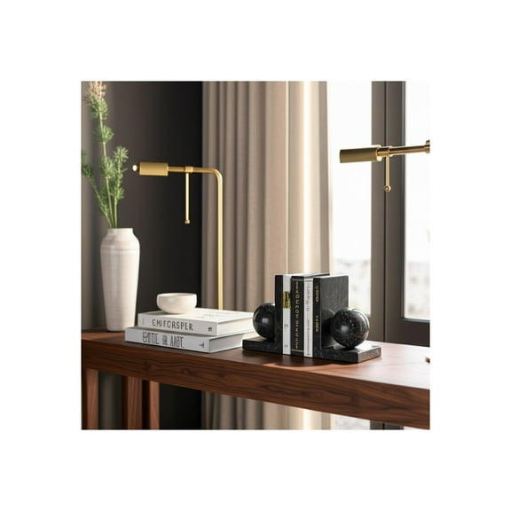 L-Shaped Book Ends with Marble Stone Sphere for Bookshelf Decor - Decorative Bookends for Shelves, Office or Study Desk Decor - Book Accessories for Home Library and Living Room - Set of 2, 6", Black