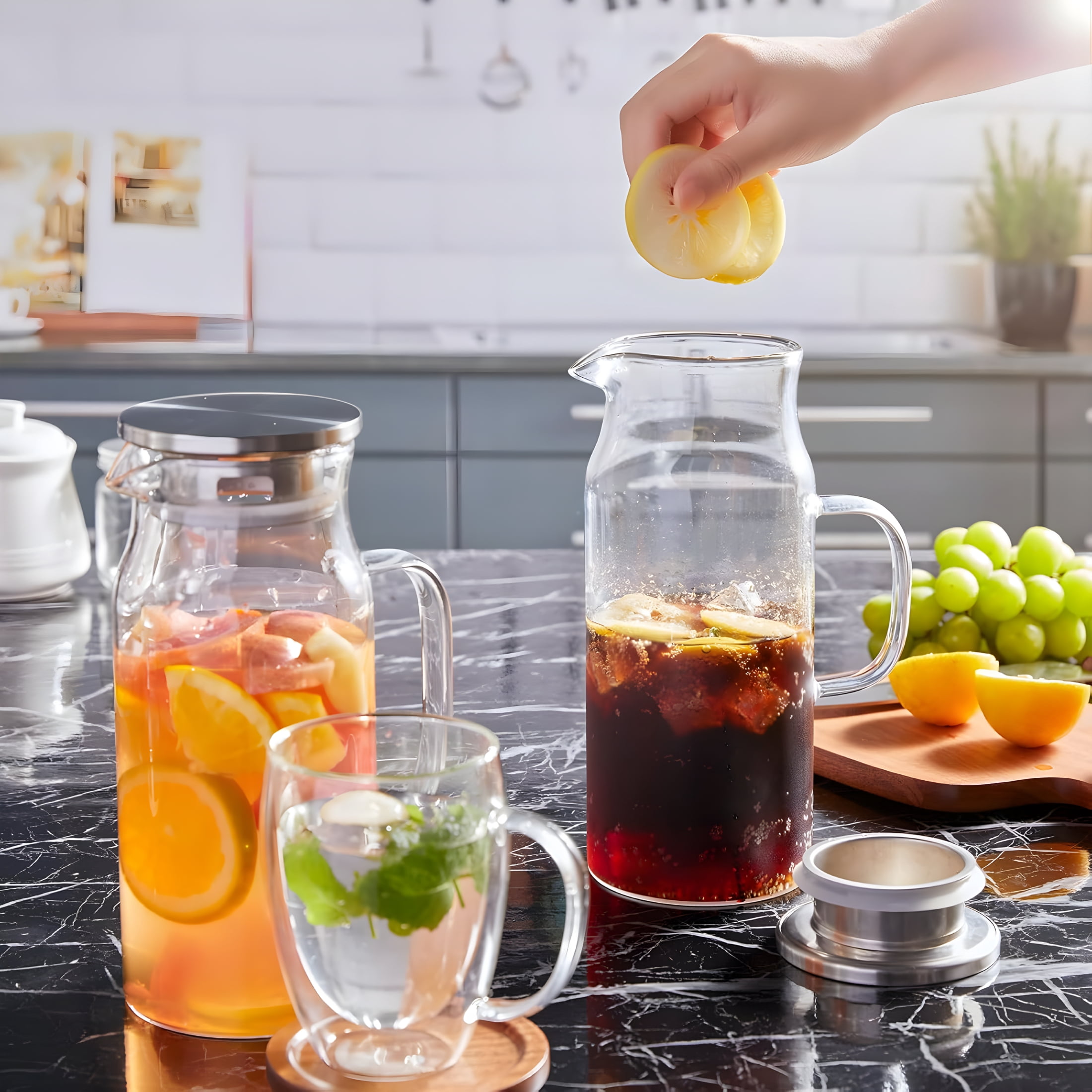 ACDANC 2 Pack 1.2 Liter 40 Oz Small Glass Pitcher with Lid and Handle,Glass Carafe Water Pitcher for Hot/Cold Water,Iced Tea,Drinks,Coffee,Juice and Homemade Beverage