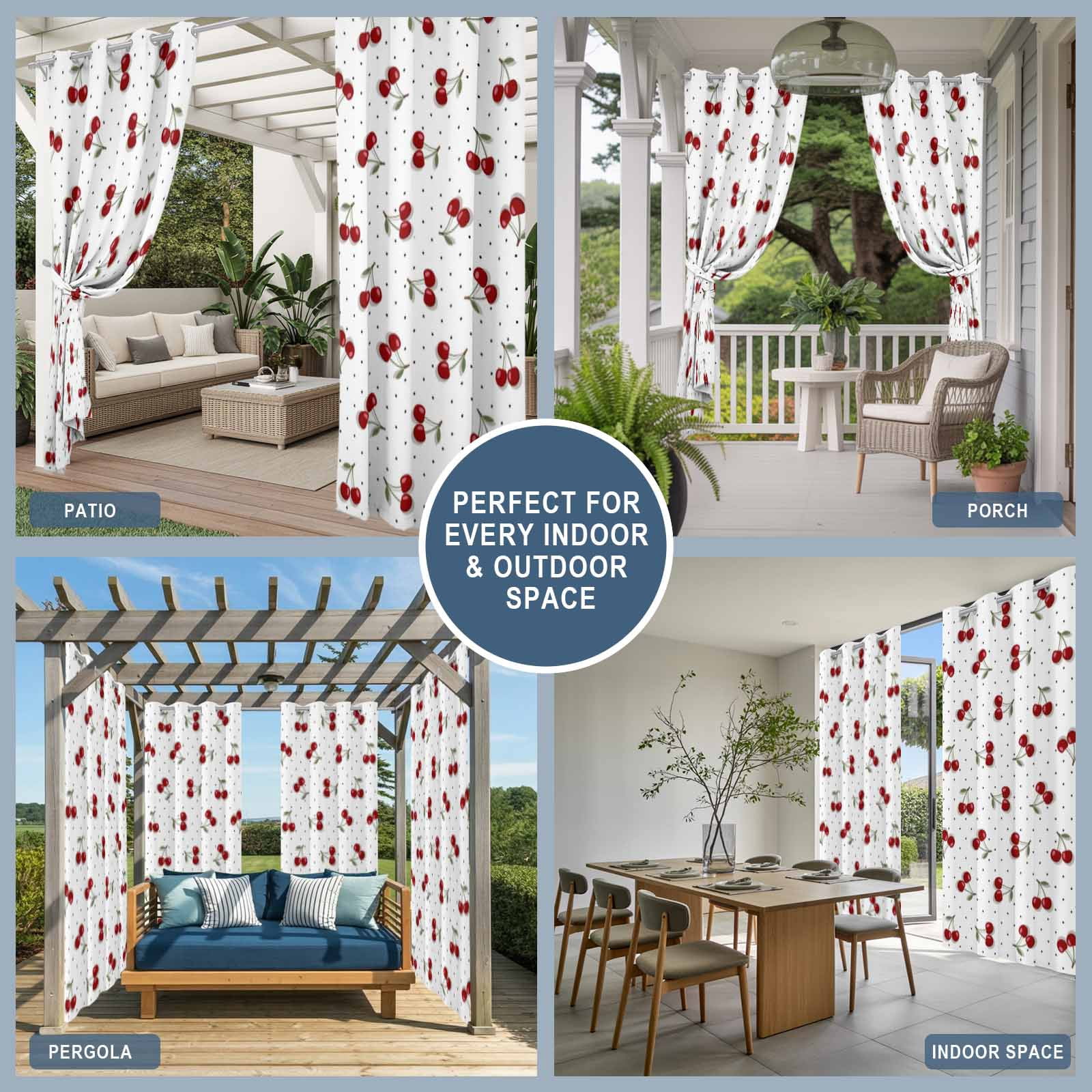 Red Berry Outdoor Curtains for Patio, Cherry Polka Dot Dotted Background Rustic Country Sunshade Privacy Drapes Grommet Waterproof Outside Curtains for Porch/Cabana/Balcony 54"x 108", 1 Panel