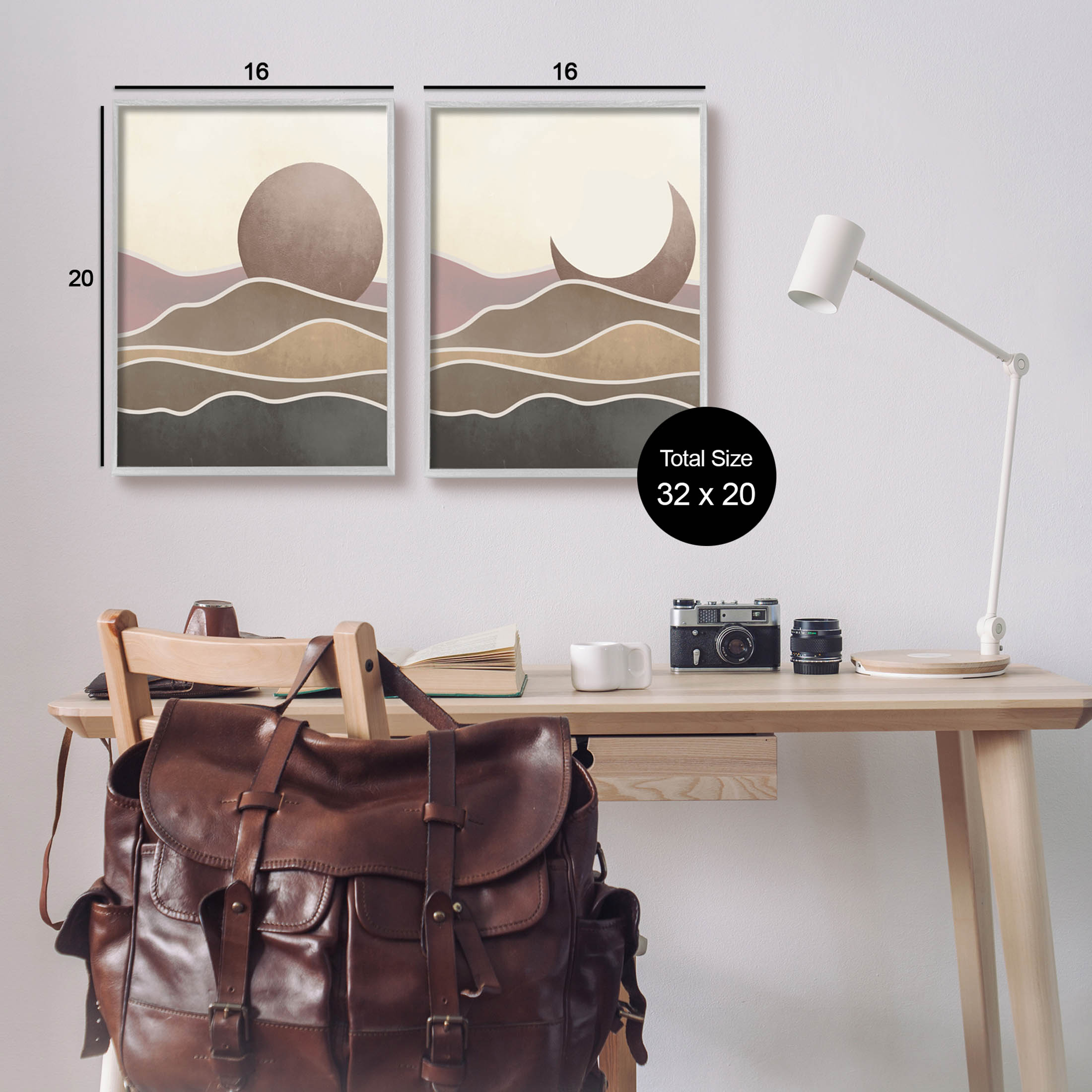 Neutral Toned Landscape Sun Moon Landscape Graphic Art Gray Framed Art Print Wall Art, Set of 2