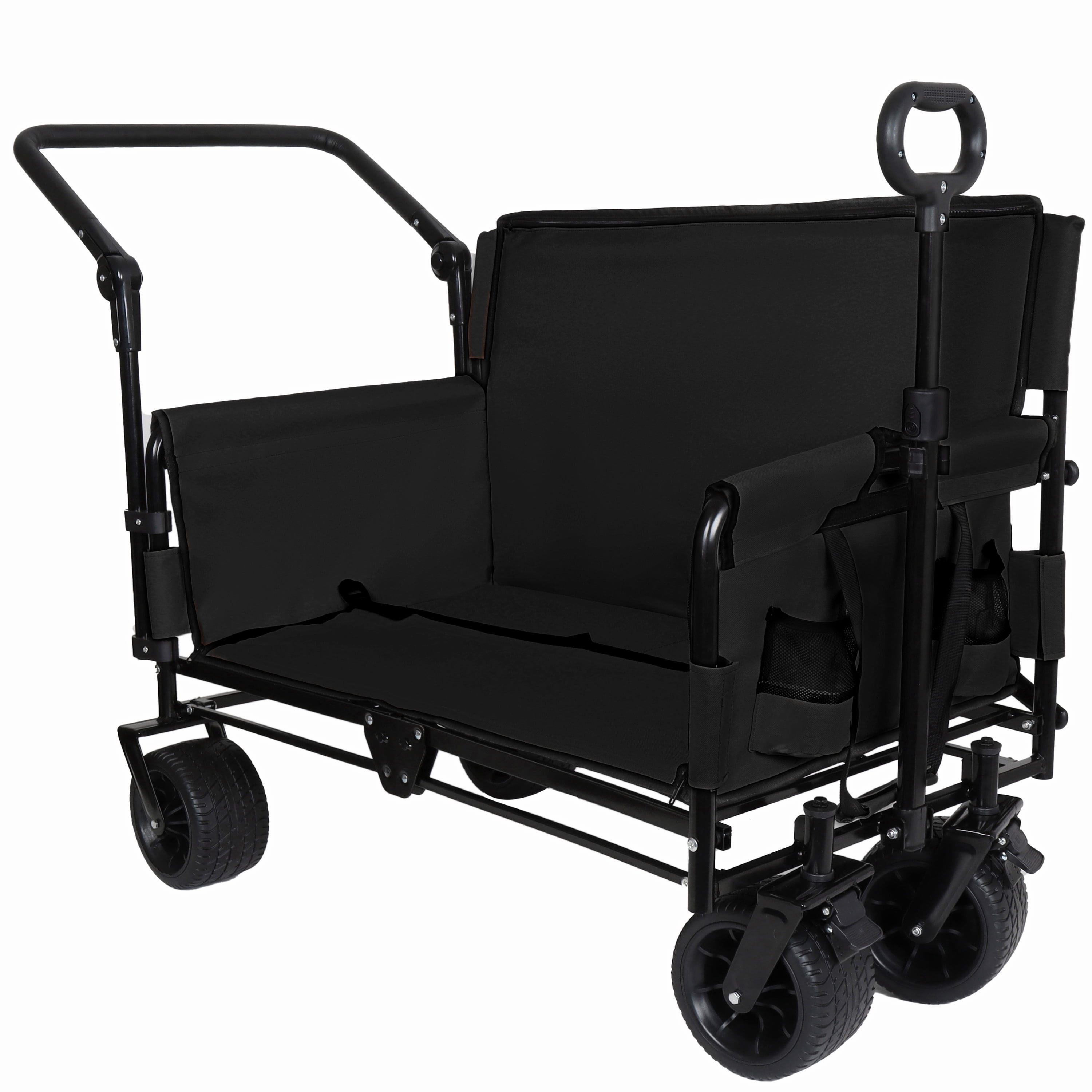 JXXRZ Folding Wagon with Seat & Canopy, 500lbs Heavy Duty All-Terrain Beach Cart, Black