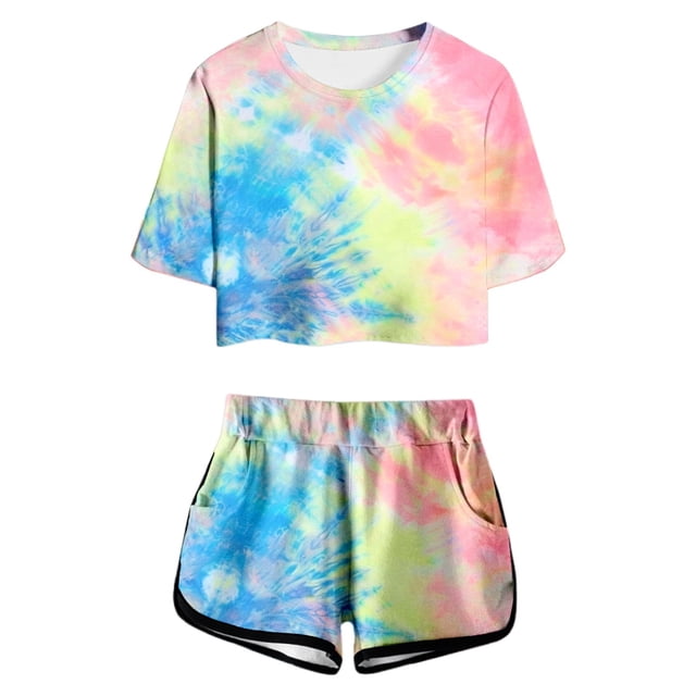 Zecgelong Ensemble d'Été pour Filles à Imprimé, Haut à Manches Courtes et Short, Mignon Col Rond avec Poche, Tenue Décontractée pour Adolescentes et Jeunes, Ensembles Légers et Confortables pour Filles