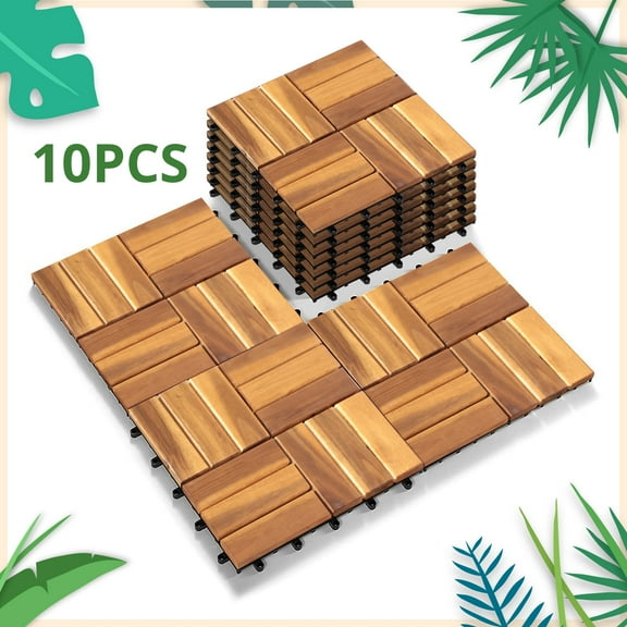 Pack of 27 Deck Tiles - 12"x12" Interlocking Natural Solid Acacia Wood for Outdoor & Indoor, Patio Garden, Balcony, Poolside - Natural Color