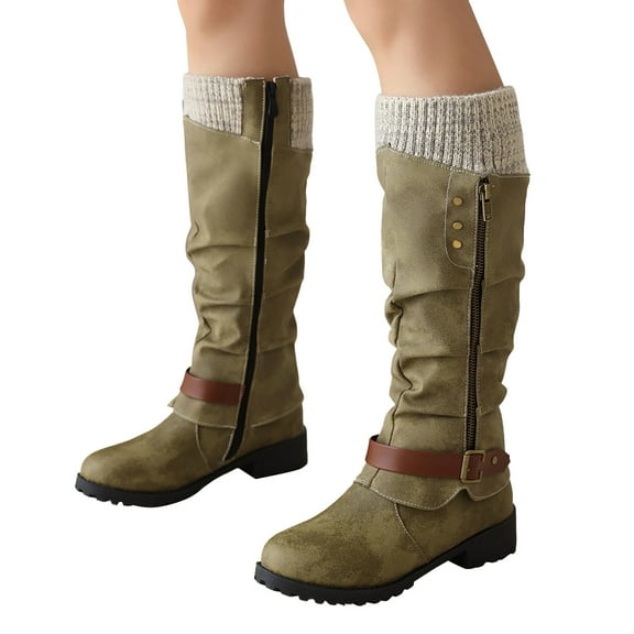 Oyedens Knee High Work Boots for Women Vintage Winter Knit Leather Slouchy Riding Combat Long Boots